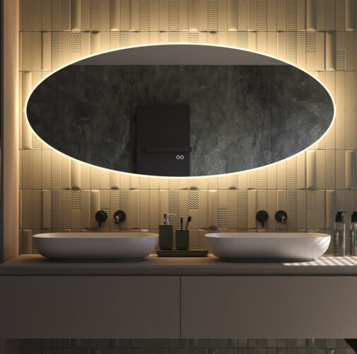 Badkamerspiegel ovaal horizontaal indirect en direct LED licht, verwarming diverse maten
