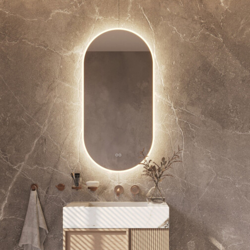 Badkamerspiegel ovaal verticaal directe en indirecte LED verlichting, verwarming 50x100 cm.