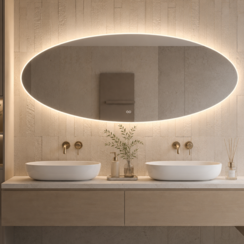 Badkamerspiegel ovaal horizontaal indirect en direct LED licht, verwarming diverse maten