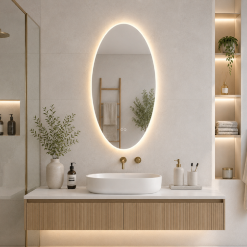 Badkamerspiegel ovaal verticaal indirect en direct LED licht, verwarming 45x90 cm